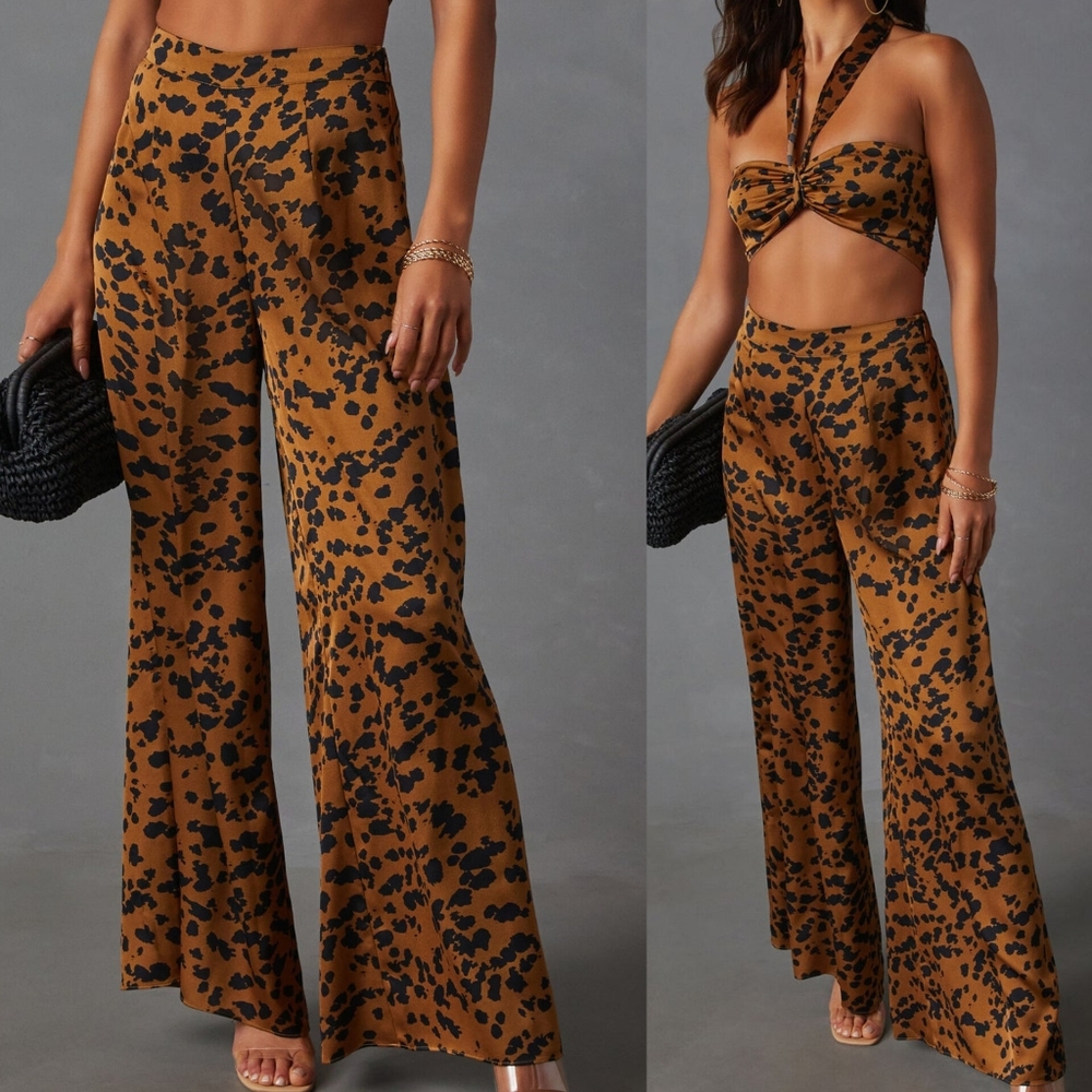 . Vici Brown & Black Leopard Print High Waist Wide Leg Trouser Pants - Picture 1 of 7